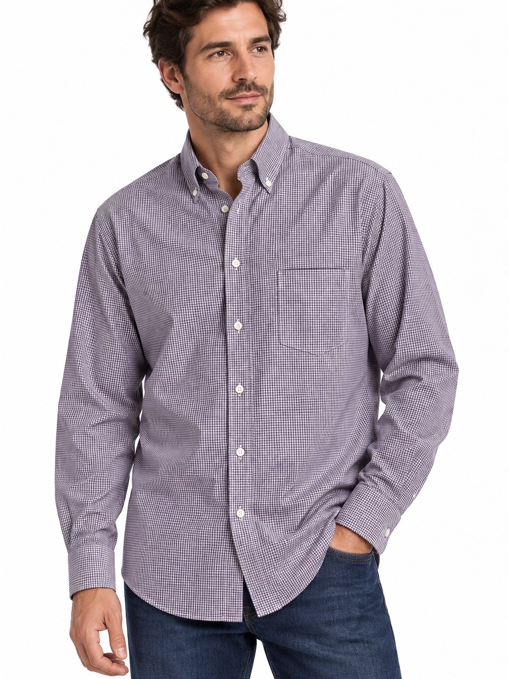 Brunello Cucinelli Easy Fit Shirt Micro Check purple Cotton Button Down XXL 44